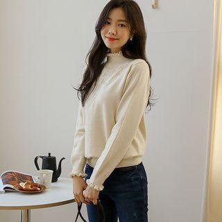 Frilled Mock-neck Pointelle-knit Top