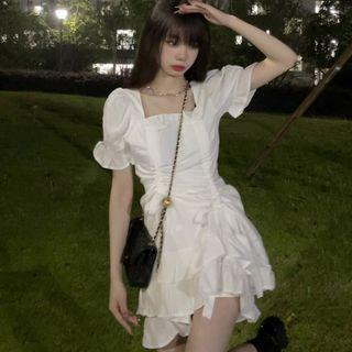 Short-sleeve Square-neck Plain Ruched Layered Dress