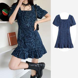 Short-sleeve Square-neck Leopard Print Mini A-line Dress