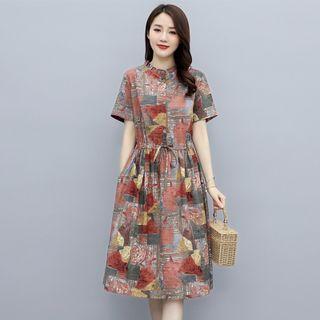 Short-sleeve Color Block Linen Midi A-line Dress