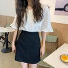 Bell-sleeve Crochet Lace Top / High-waist Plain Skirt