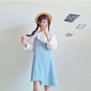 Set: Lantern-sleeve Blouse + Frayed Denim Strappy Dress