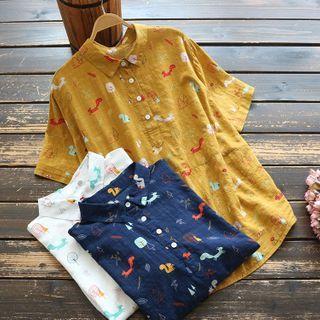 Printed Elbow-sleeve Linen Shirt