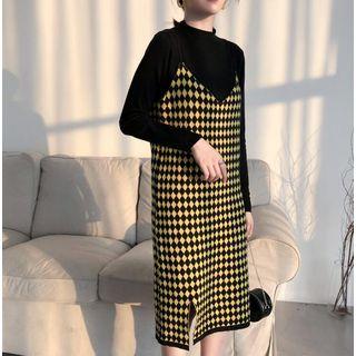 Set: Mock-neck Sweater + Spaghetti Strap Plaid Midi Dress