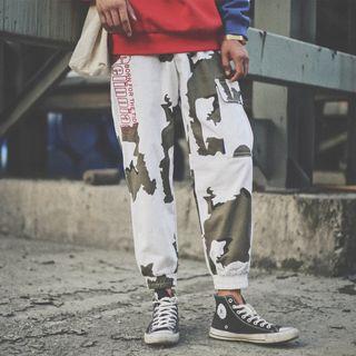 Lettering Embroidered Camo Jogger Pants