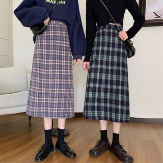 High-waist Woolen Plaid A-line Skirt
