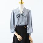 V-neck Plain Bow Button-up Top / High-waist Plain A-line Skirt