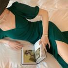 Plain Puff-sleeve Cutout-back Slit Midi A-line Dress