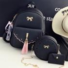 Set: Faux Leather Bow Accent Backpack + Round Crossbody Bag + Flap Purse