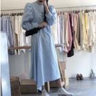 Lantern-sleeve Dotted Midi A-line Dress Light Blue - One Size