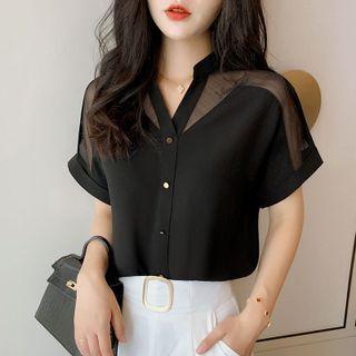 Short-sleeve Band Collar V-neck Mesh Panel Blouse