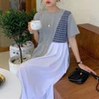 Short-sleeve Plaid Paneled Midi Dress