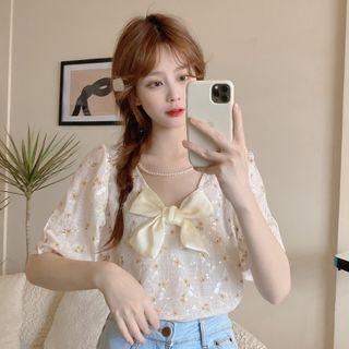 Short-sleeve Bow Floral Print Blouse