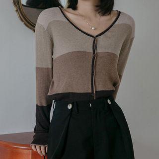 V-neck Color-block Shinny Knitted Cardigan