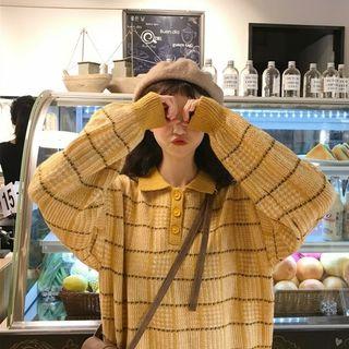 Plaid Placket Sweater Plaid - Yellow - One Size