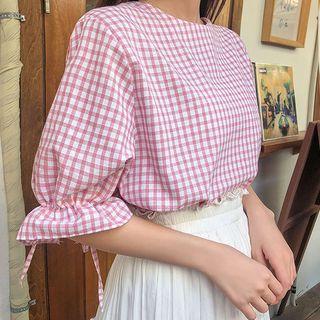 Tie-sleeve Tie-back Checked Blouse