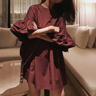 Ruffle Trim Elbow Sleeve Dress