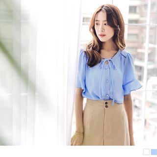 Frilled Trim Lace-up Buttoned Top