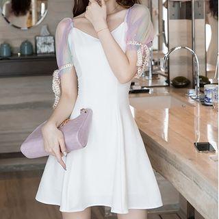 Mesh Panel Sleeve Mini A-line Dress