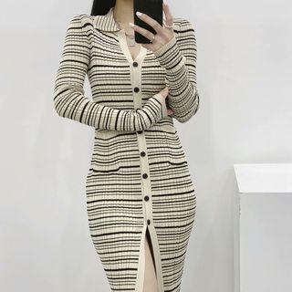 Collared Striped Slit Knit Midi Sheath Dress