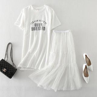 Set: Short-sleeve Lettering Mini T-shirt Dress + Mesh Midi Dress