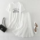 Set: Short-sleeve Lettering Mini T-shirt Dress + Mesh Midi Dress