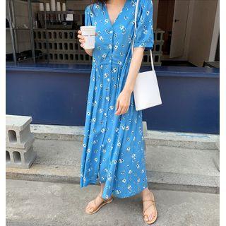 Puff-sleeve V-neck Floral Shirt Dress