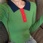 Color Block Long-sleeve Knit Top Green - One Size