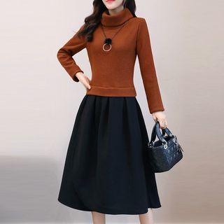 Turtleneck Long-sleeve A-line Midi Dress