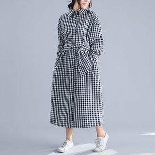 Long-sleeve Plaid Midi A-line Shirt Dress Black - One Size