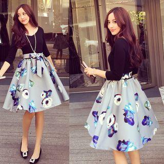 Mock Two-piece 3/4-sleeve Printed A-line Dress