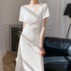 Short-sleeve Cutout Shirred Midi A-line Dress