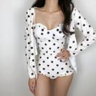 Set: Dotted Cutout-back Swimsuit + Tie-front Jacket