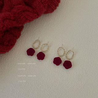 Sterling Silver Velvet Flower Drop Earring 01# - 1 Pair - Red & Gold - One Size