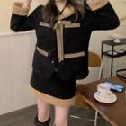Long-sleeve Furry Trim Jacket / Mini Skirt
