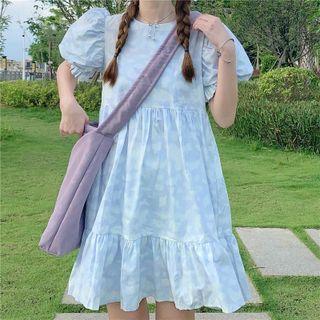 Puff-sleeve Shading Dress Blue - One Size