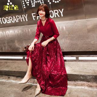 Notch Lapel Embroidered Sequined Panel A-line Evening Gown
