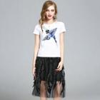 Set: Sequined Short-sleeve T-shirt + Mesh Panel Mini Skirt