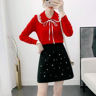 Set: Layered Collared Knit Top + Beaded Skirt