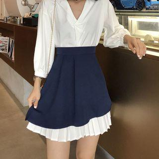 Puff-sleeve V-neck Shirt Dress / A-line Mini Skirt