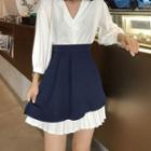 Puff-sleeve V-neck Shirt Dress / A-line Mini Skirt