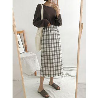 Linen Blend Plaid Midi Skirt