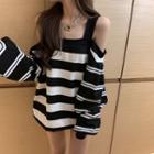 Striped Cold-shoulder Oversize Pullover As Shown In Figure - One Size