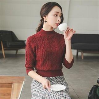 Mock-neck Elbow-sleeve Cable-knit Sweater