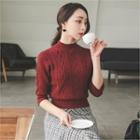 Mock-neck Elbow-sleeve Cable-knit Sweater