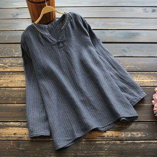 Long-sleeve Striped Linen Top Blue - One Size