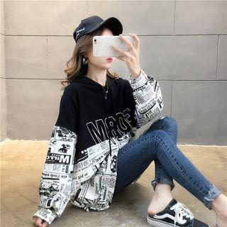 Long-sleeve Color-panel Printed Hoodie