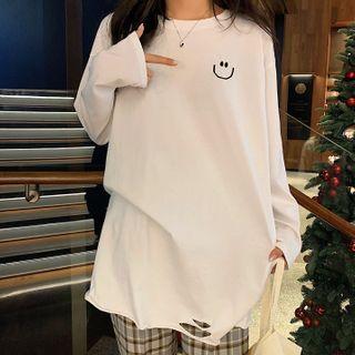 Long-sleeve Smiley Face Print Ripped T-shirt White - One Size