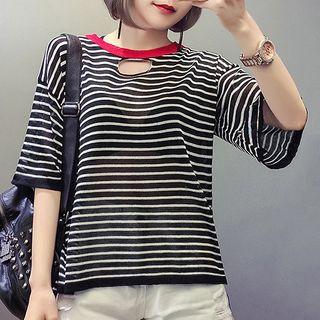 Cut Out Striped Elbow-sleeve Knit Top