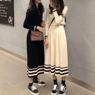 Set: Long-sleeve Collared Top + Contrast-trim Midi Pleated Skirt